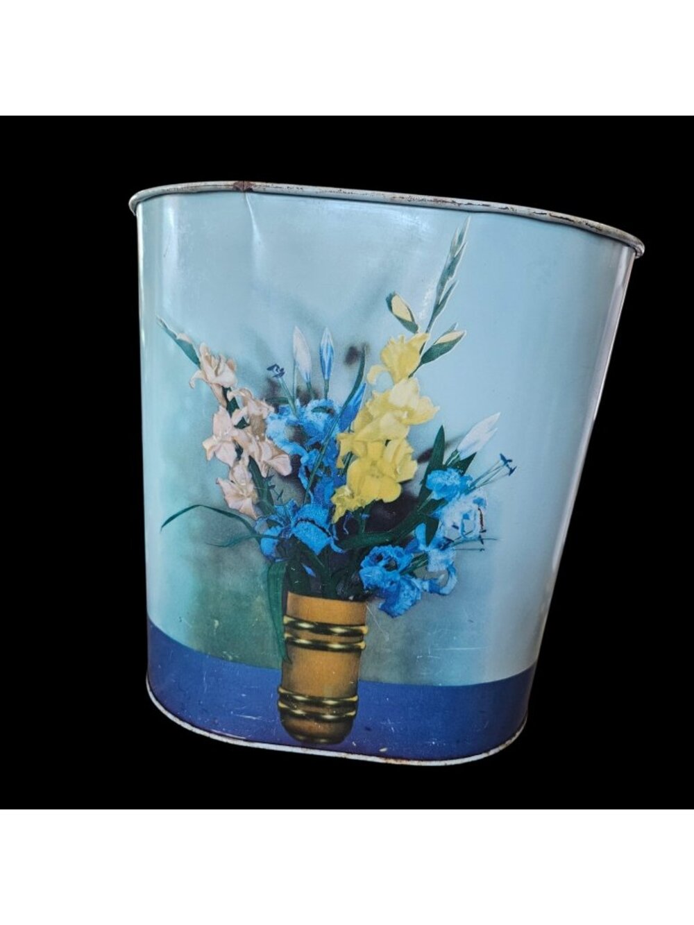 MCM Blue Floral Bouquet Small Metal Trashcan National Can 11" Patina